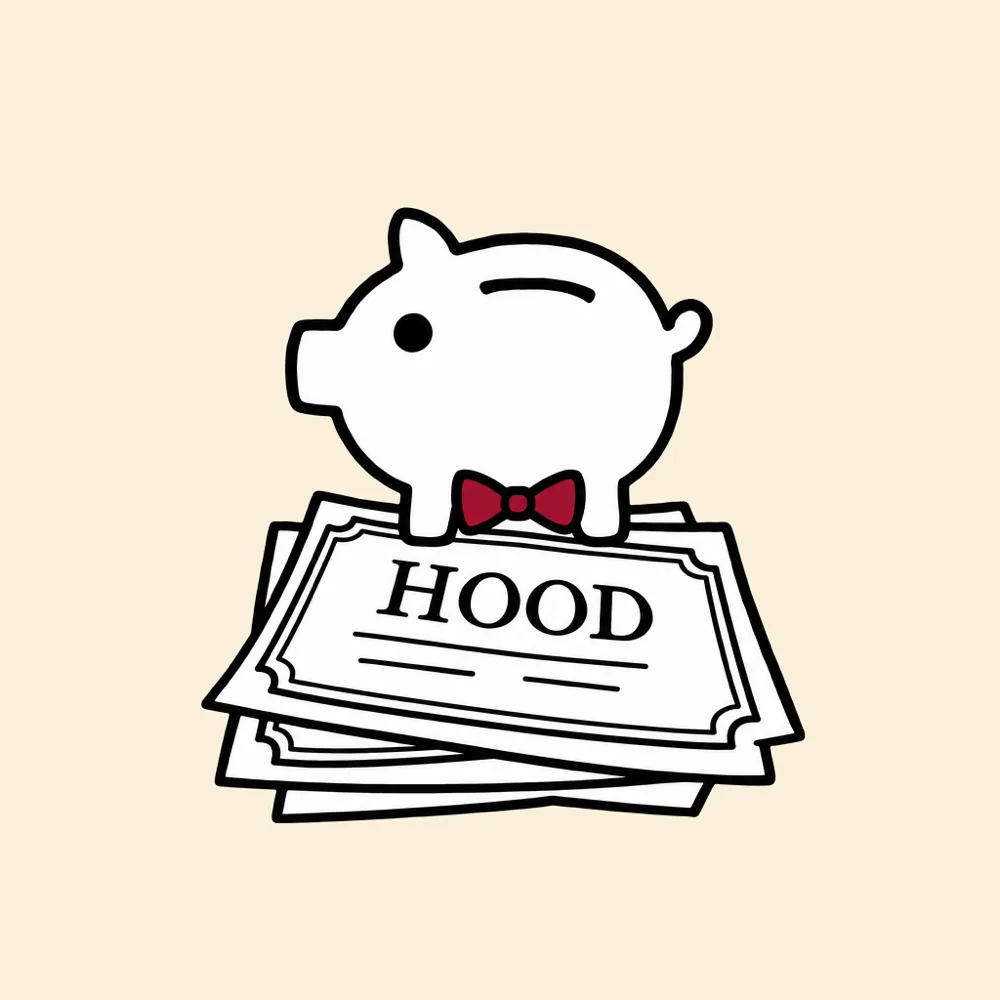 A piggy bank in a necktie sitting on a stock certificate that reads HOOD